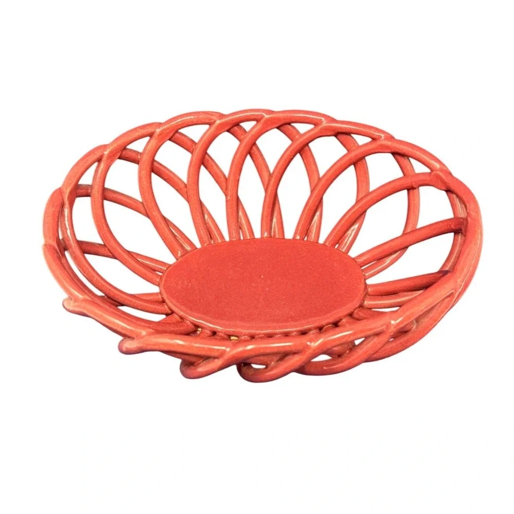 Signed Ceramic Woven Lattice Bread Basket Bowl Cranberry Red Glazed Oval‎ 9in